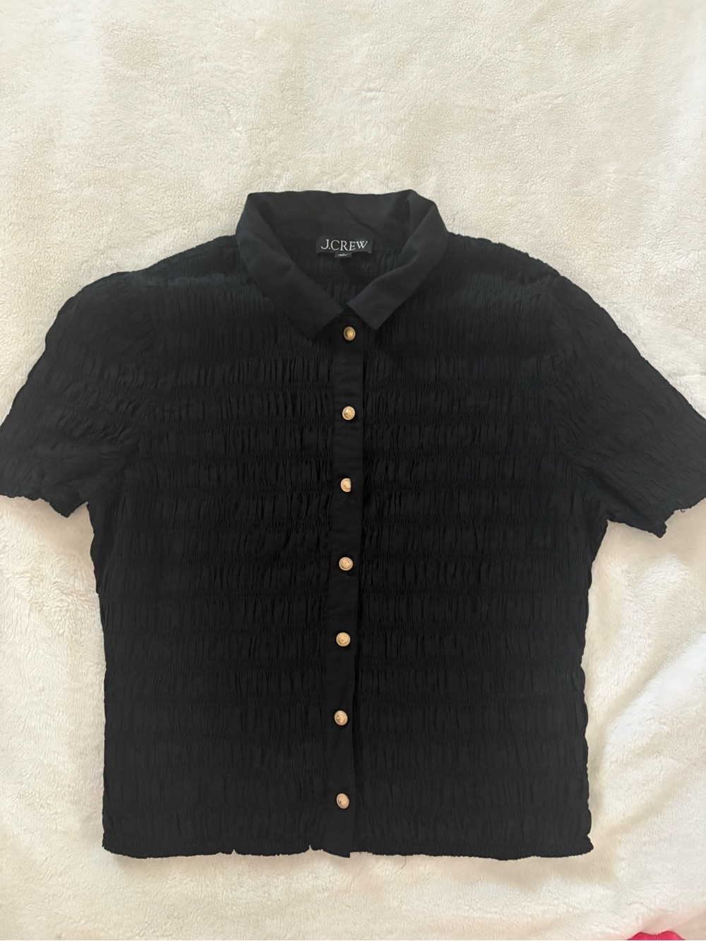J. Crew Black Smocked Short-Sleeve Button Front Blouse with Gold Buttons